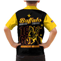 Black short-sleeve Hawaiian shirt with yellow trim, Buffalo Soldiers 1868/1863 back graphic