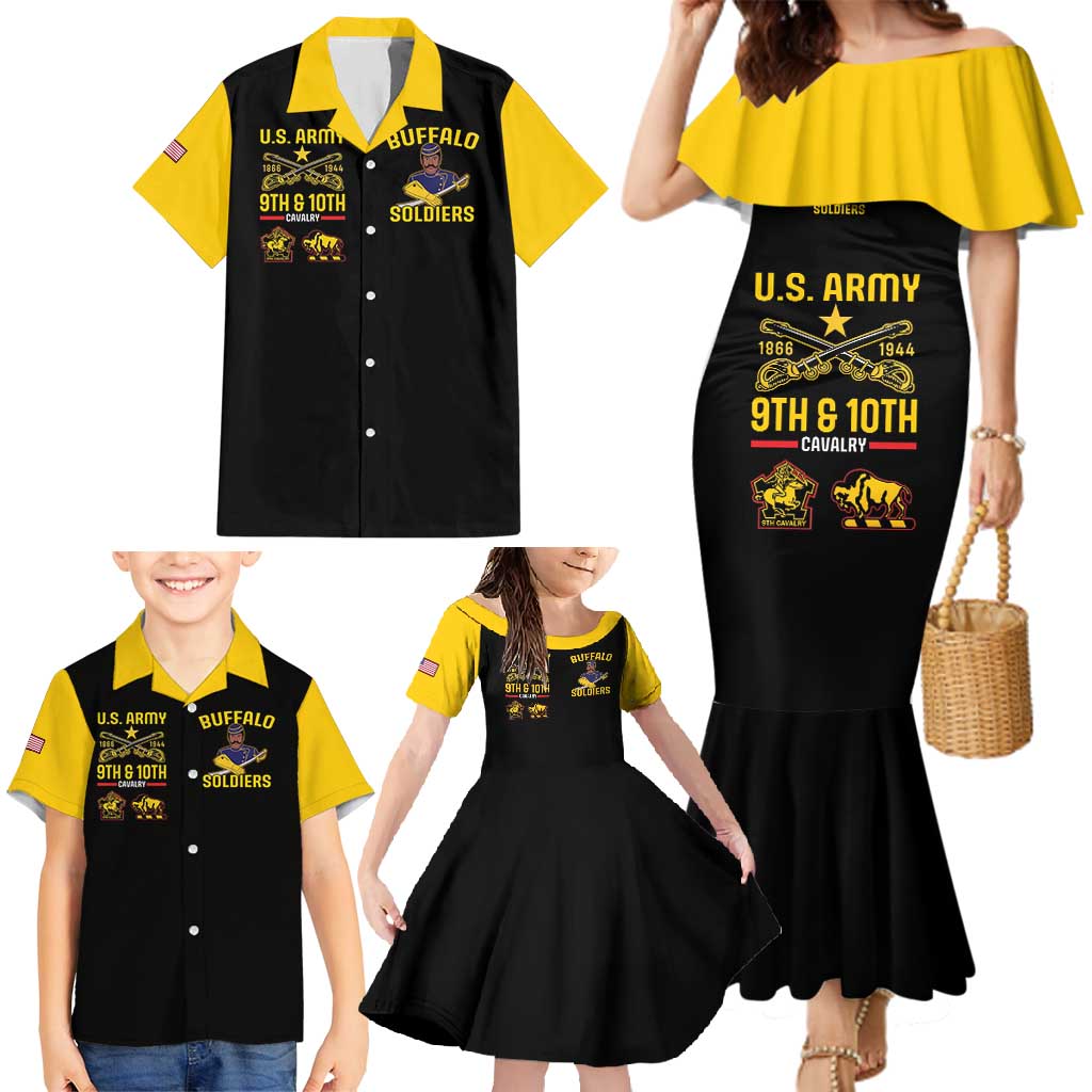 Matching mermaid dress and Hawaiian shirt set, black with yellow ruffle shoulders and button front