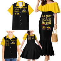 Matching mermaid dress and Hawaiian shirt set, black with yellow ruffle shoulders and button front