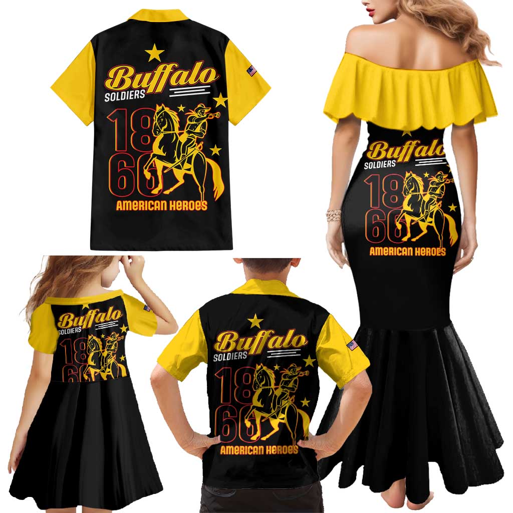 Matching mermaid dress and Hawaiian shirt set, black with yellow accents, back graphic prints