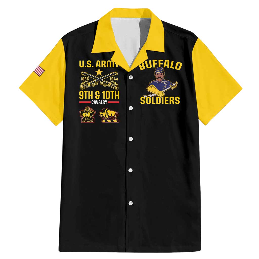 Black button-up Hawaiian shirt with yellow collar and sleeves, U.S. Army Buffalo Soldiers front print