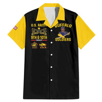 Black button-up Hawaiian shirt with yellow collar and sleeves, U.S. Army Buffalo Soldiers front print