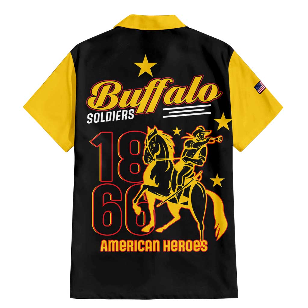 Black Hawaiian button-up shirt with yellow collar, large Buffalo Soldiers 1868/1863 back graphic