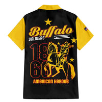 Black Hawaiian button-up shirt with yellow collar, large Buffalo Soldiers 1868/1863 back graphic