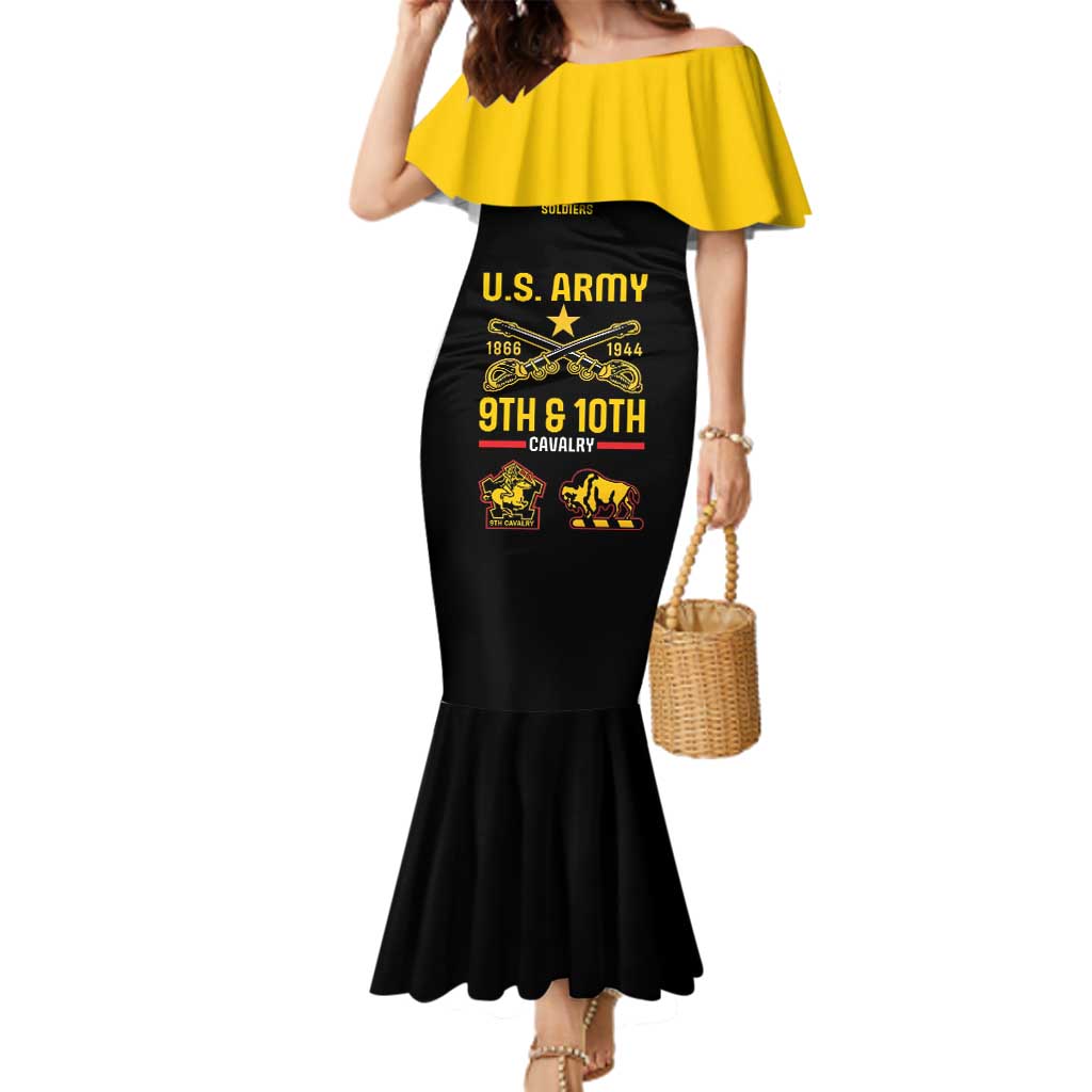 Off-shoulder mermaid dress, black body with yellow ruffle shoulders and U.S. Army front graphic