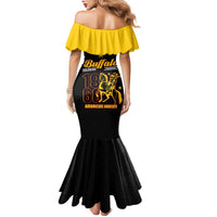 Off-shoulder mermaid dress, black with yellow off-shoulder ruffle, Buffalo Soldiers back graphic