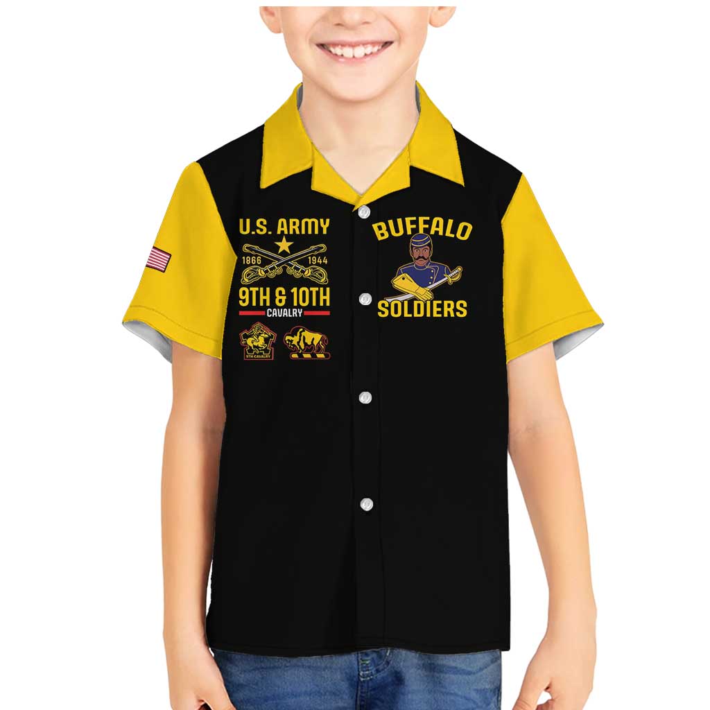 Black short-sleeve Hawaiian shirt with yellow collar, Buffalo Soldiers U.S. Army front print