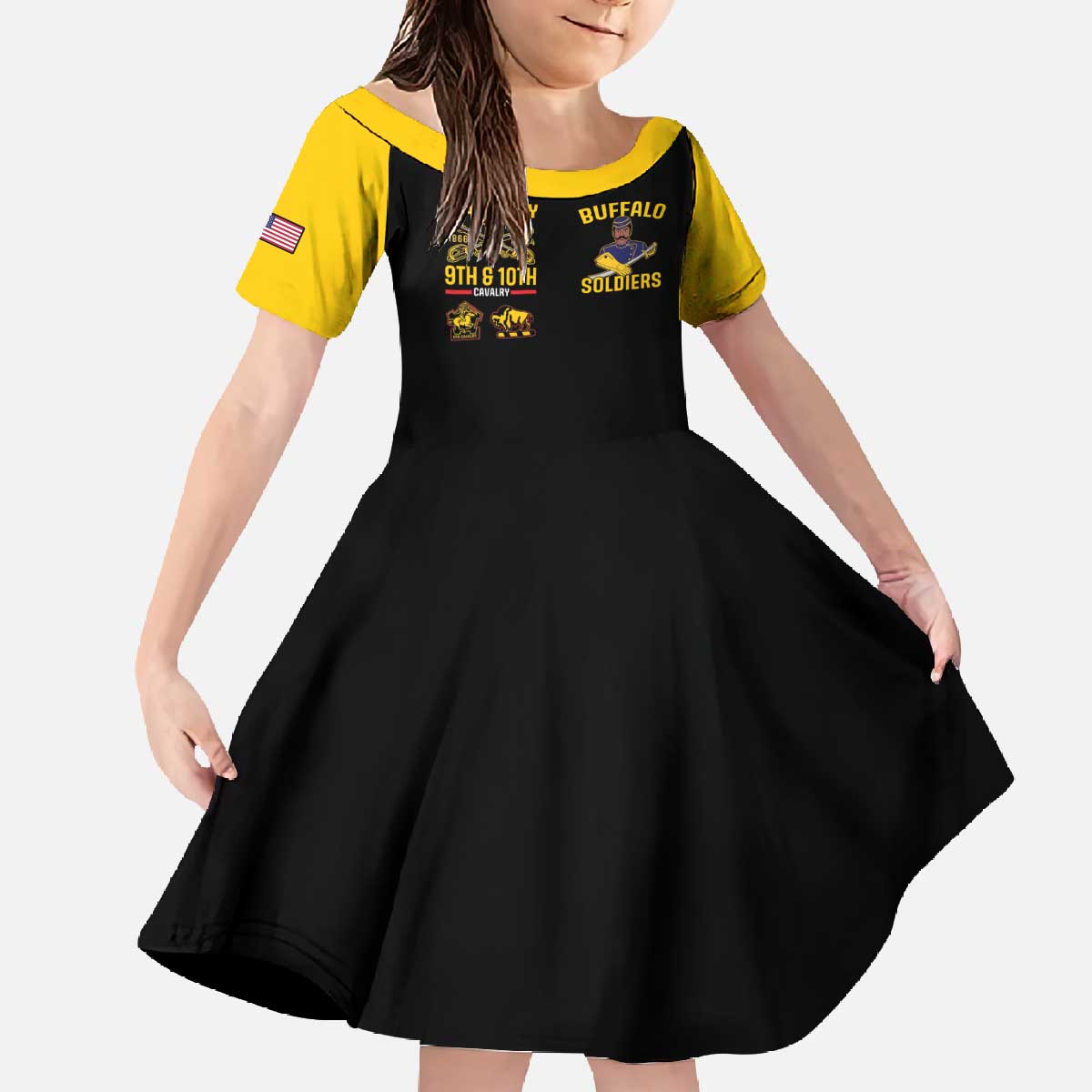 Black off-shoulder style dress with yellow sleeves and Buffalo Soldiers graphic