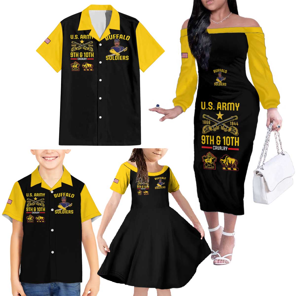 Matching black dress with yellow sleeves and black shirts with yellow collars, family set