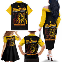 Black-and-yellow family matching shirts and off-shoulder long dress, front and back views