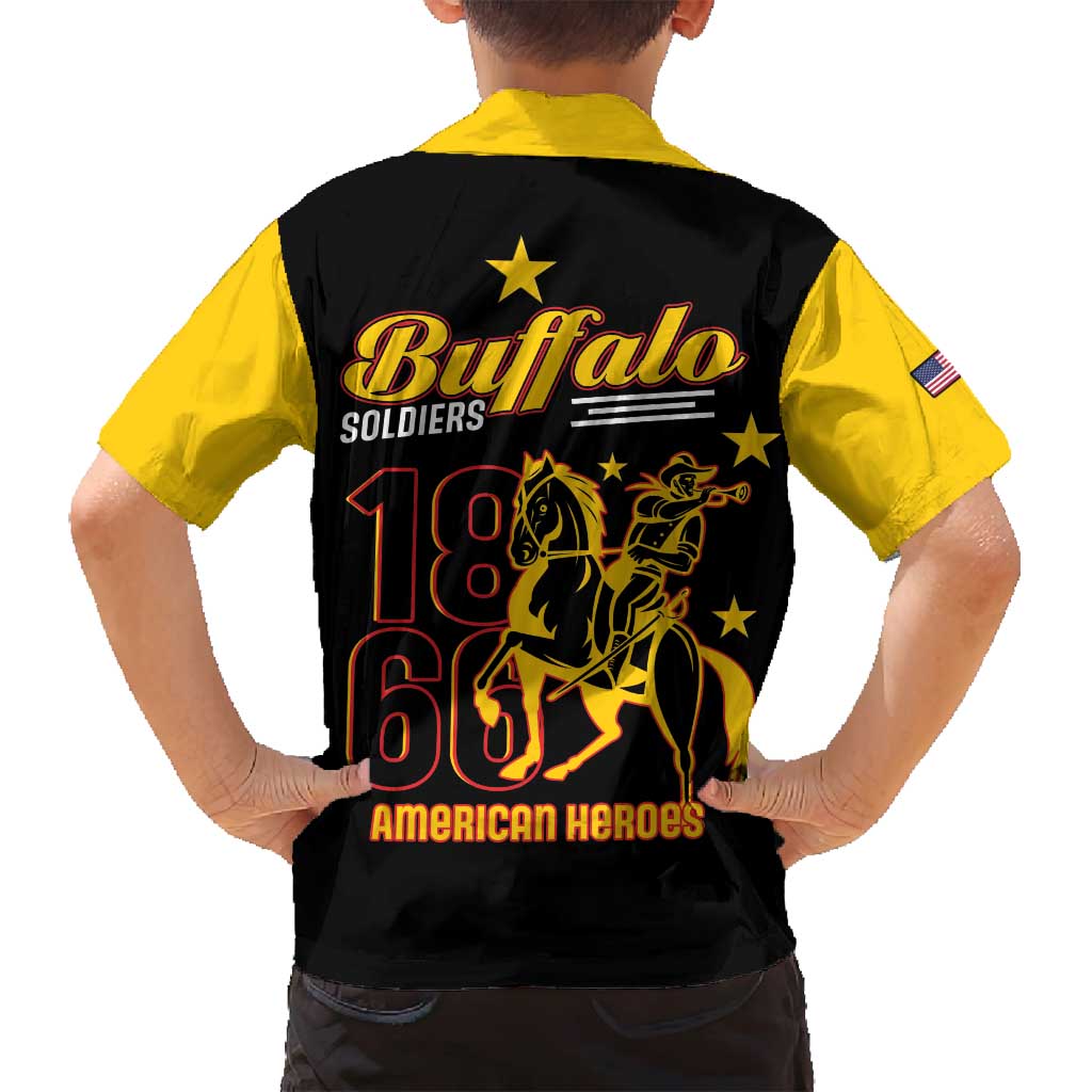 Back view of kids short-sleeve Hawaiian shirt in black with yellow shoulders and Buffalo Soldiers graphic