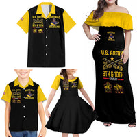 Off-shoulder maxi dress with yellow ruffled neckline and black Buffalo Soldiers graphic