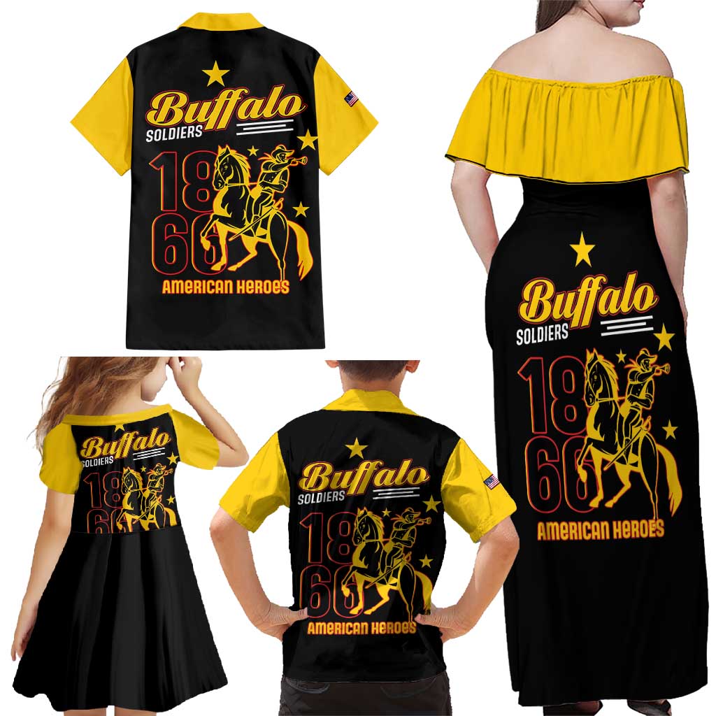 Off-shoulder maxi dress in black with yellow top and Buffalo Soldiers back graphic