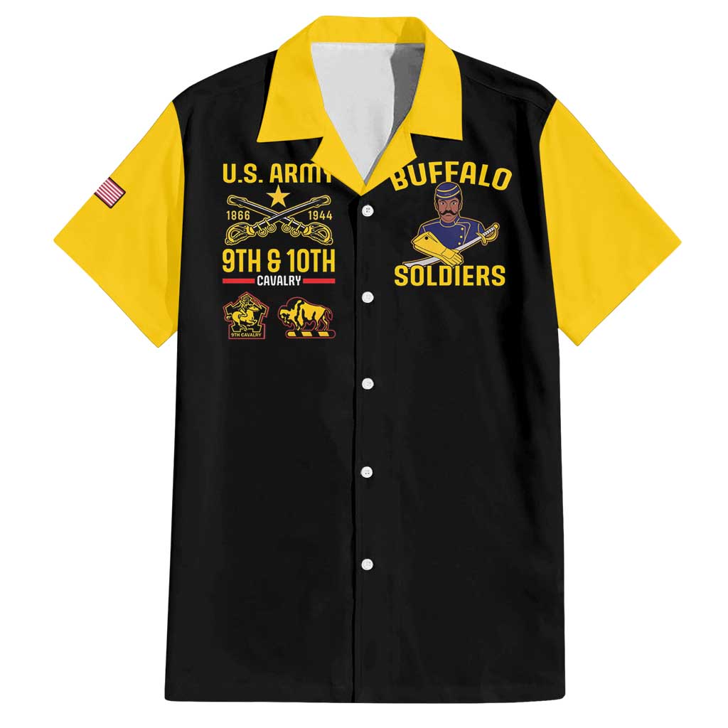 Short-sleeve Hawaiian shirt in black with yellow collar and Buffalo Soldiers front print