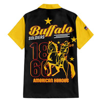 Back view of black short-sleeve Hawaiian shirt with yellow sleeves and Buffalo Soldiers graphic