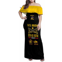 Off-shoulder maxi dress in black with yellow ruffled off-shoulder neckline and U.S. Army print