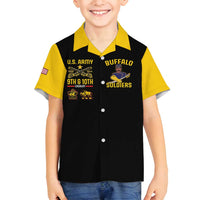 Kids short-sleeve Hawaiian shirt in black with yellow collar and Buffalo Soldiers front print