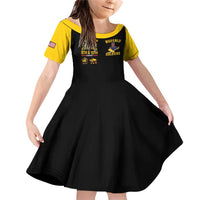 Off-shoulder short dress with black skirt and yellow short sleeves, Buffalo Soldiers graphic