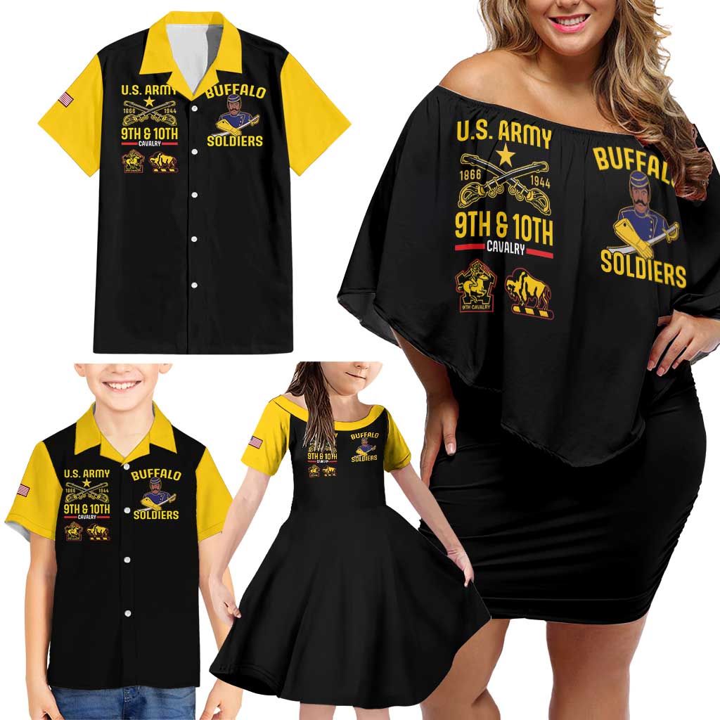 Family matching off-shoulder short dress and Hawaiian shirts, black with yellow accents