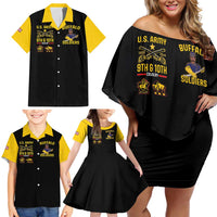 Family matching off-shoulder short dress and Hawaiian shirts, black with yellow accents