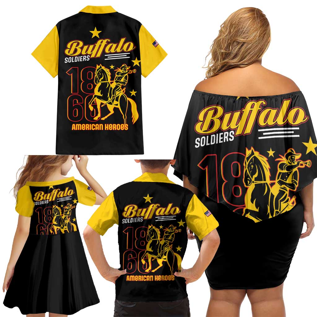 Family matching off-shoulder short dress and Hawaiian shirts, black with yellow graphics