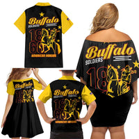 Family matching off-shoulder short dress and Hawaiian shirts, black with yellow graphics