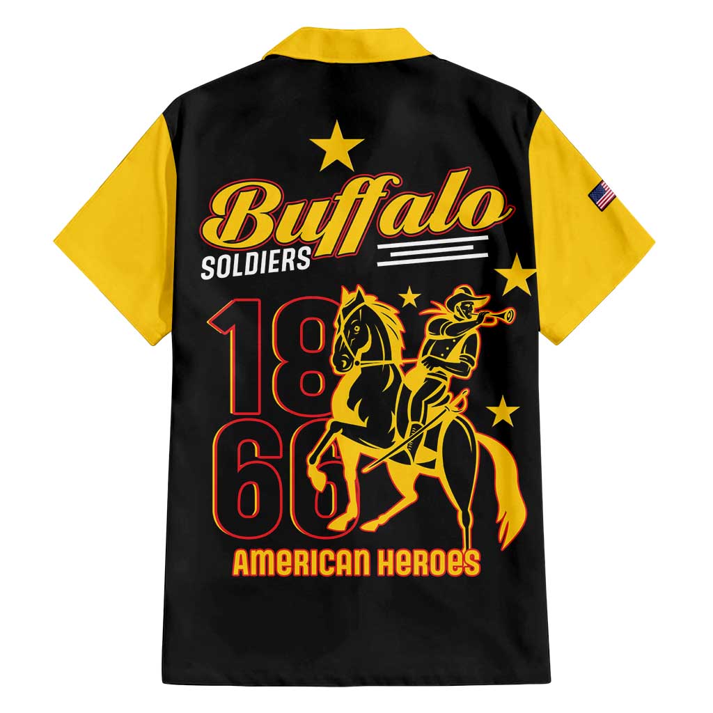 Black Hawaiian shirt back view with yellow shoulders and Buffalo Soldiers 1868 1869 66 print