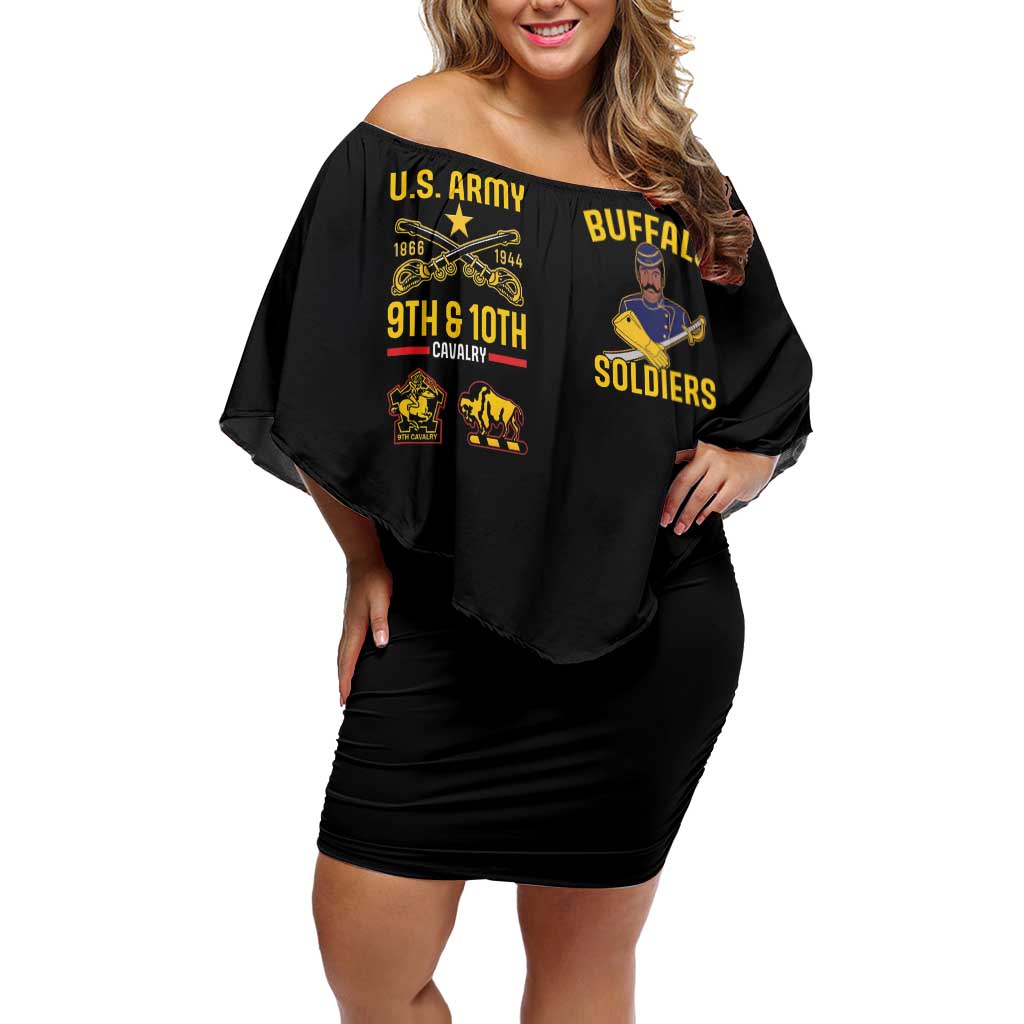 Black off-shoulder short dress with yellow U.S. Army and Buffalo Soldiers front graphic