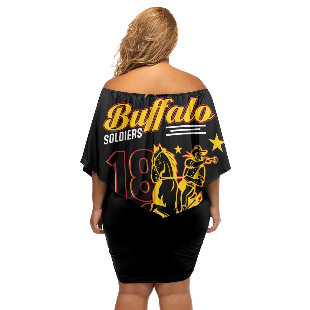 Black off-shoulder short dress back view with Buffalo Soldiers 1868 166 American heroes print