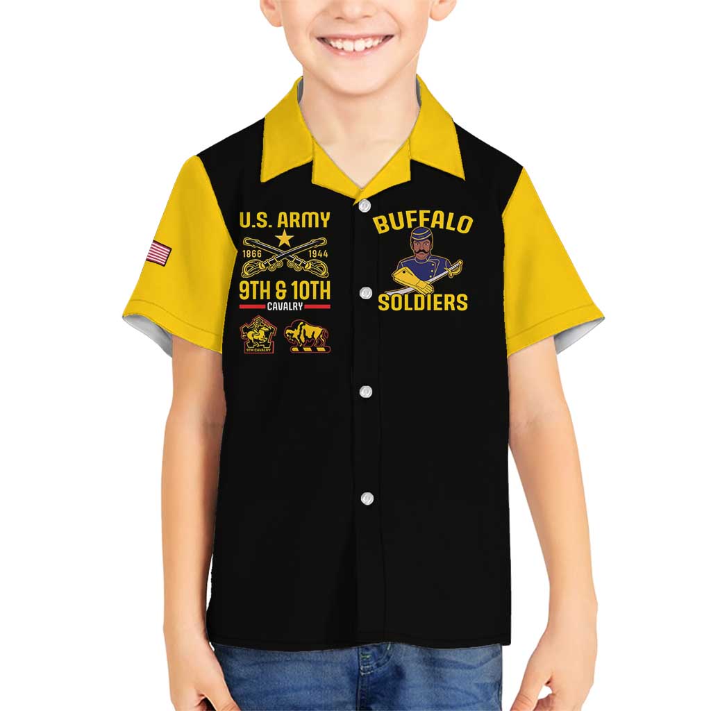 Black and yellow boys’ short-sleeve button Hawaiian shirt with U.S. Army 9th & 10th print