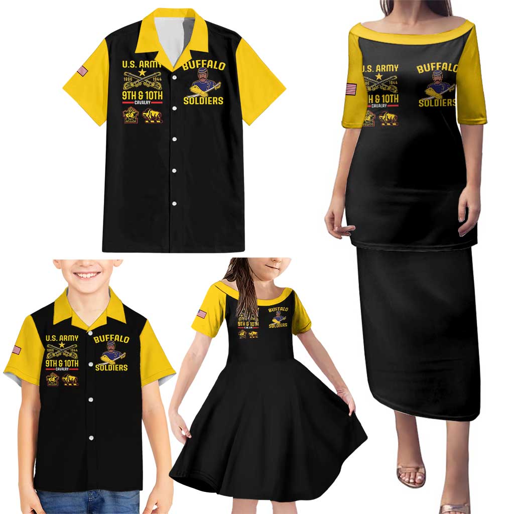 Black and yellow kids short-sleeve button-up Hawaiian shirt with Buffalo Soldiers graphic