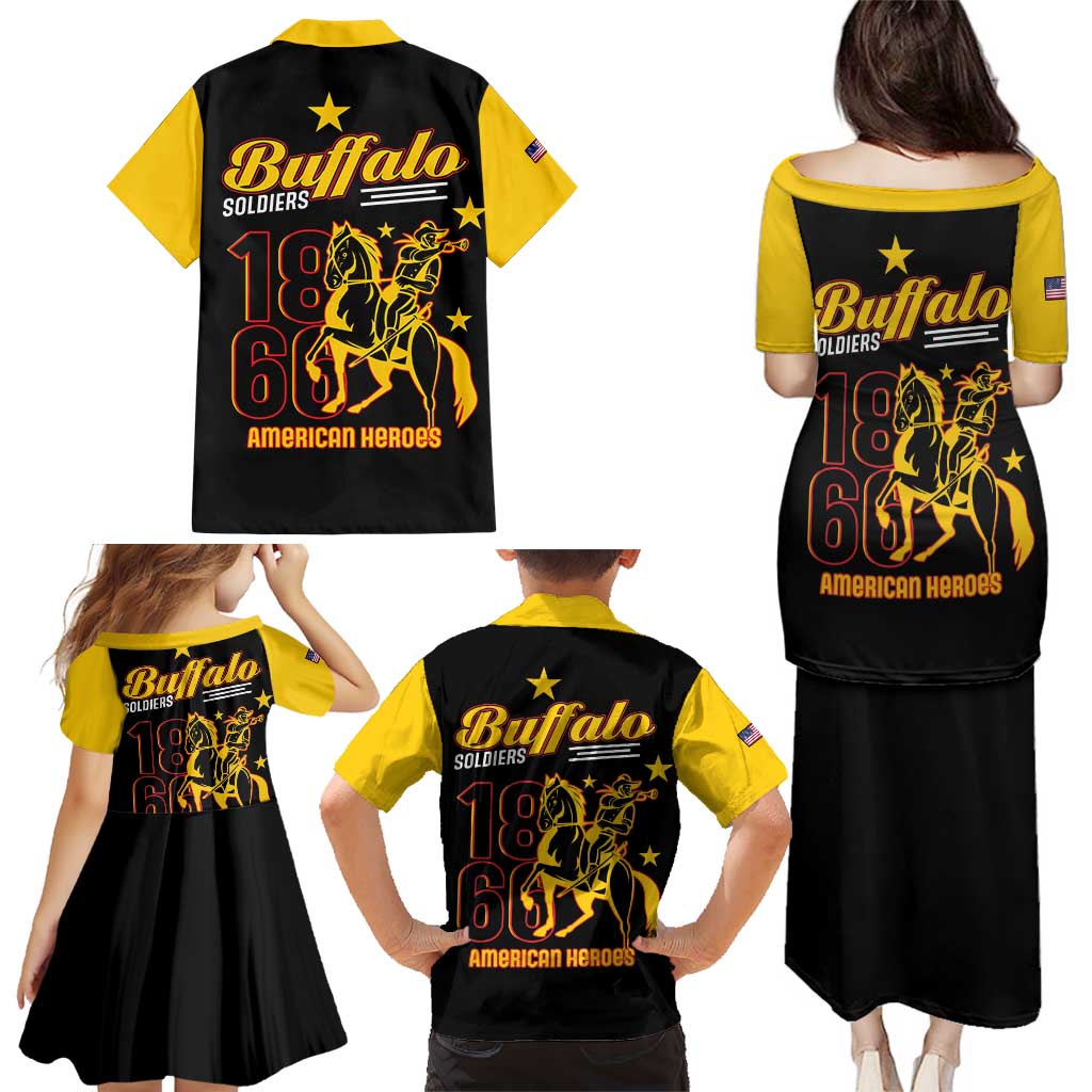 Black and yellow Hawaiian shirt and matching outfit with Buffalo Soldiers 1866/1966 print