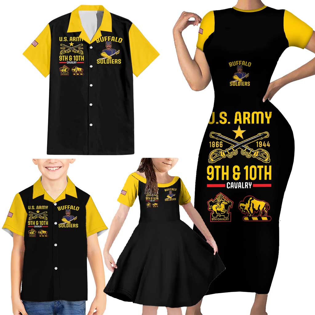 Black short-sleeve button-up shirt with yellow collar and Buffalo Soldiers U.S. Army print