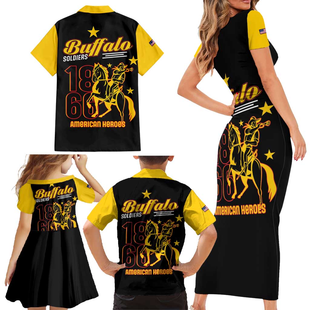 Black short-sleeve button-up shirt with yellow collar and large Buffalo Soldiers back graphic