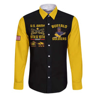 Black long-sleeve button-up shirt with yellow sleeves and Buffalo Soldiers U.S. Army front