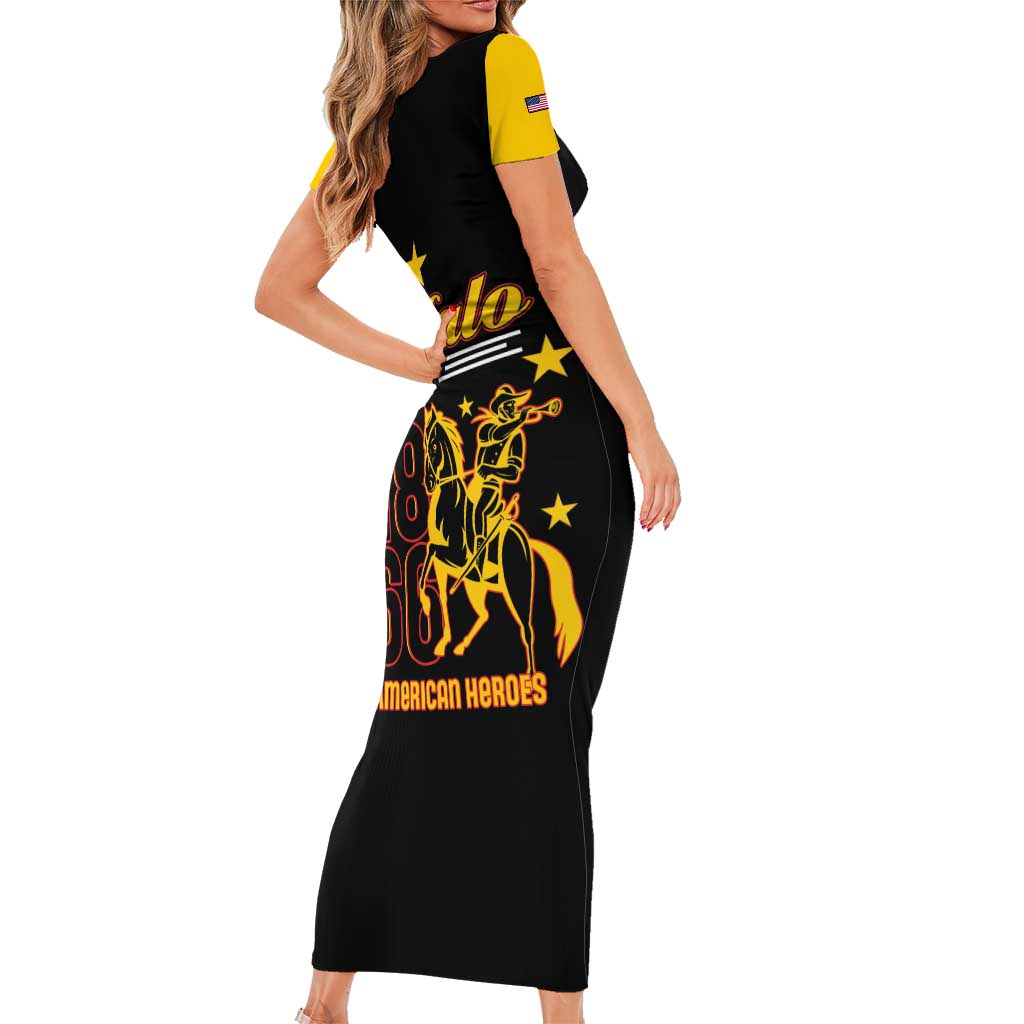 Black sleeveless bodycon dress with yellow trim and Buffalo Soldiers rider graphic