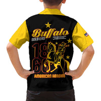 Black short-sleeve button-up shirt back with yellow collar and Buffalo Soldiers 1866–1964 graphic