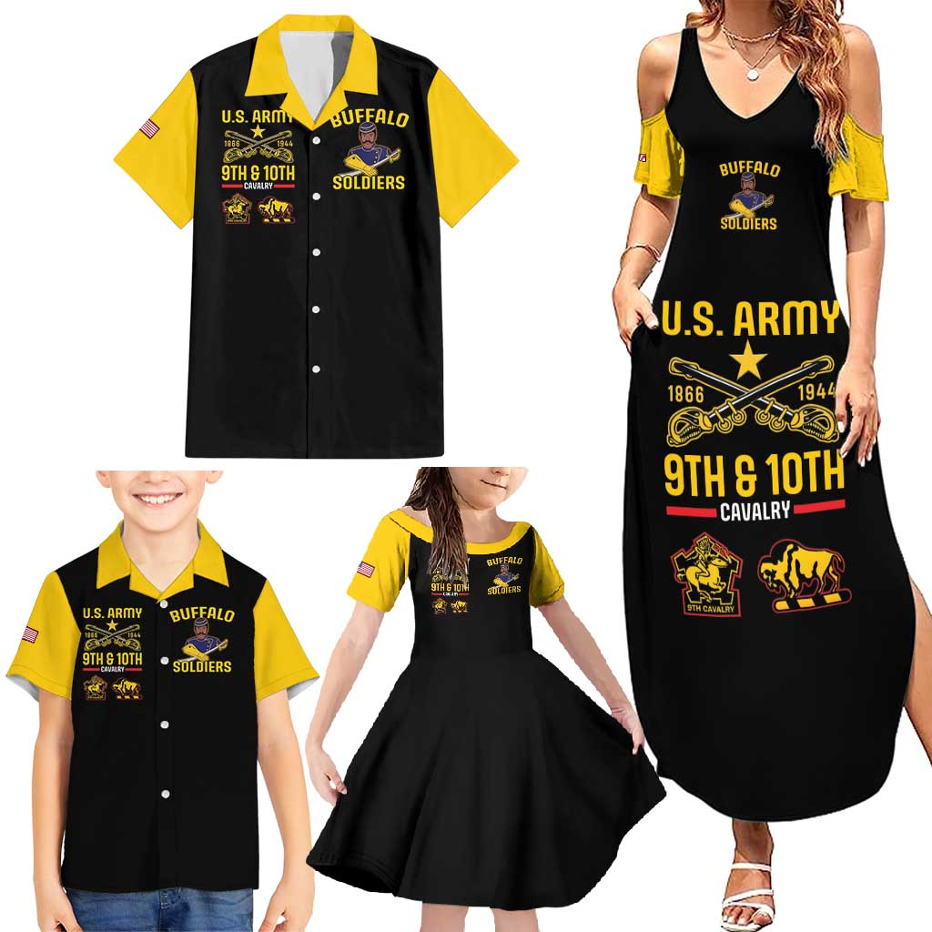 Family matching set: black maxi dress and Hawaiian shirts with yellow trim and prints