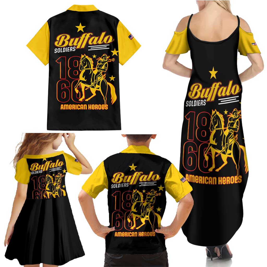 Matching outfits set: black dresses and shirts with yellow trim and Buffalo Soldiers graphics