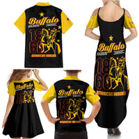 Matching outfits set: black dresses and shirts with yellow trim and Buffalo Soldiers graphics