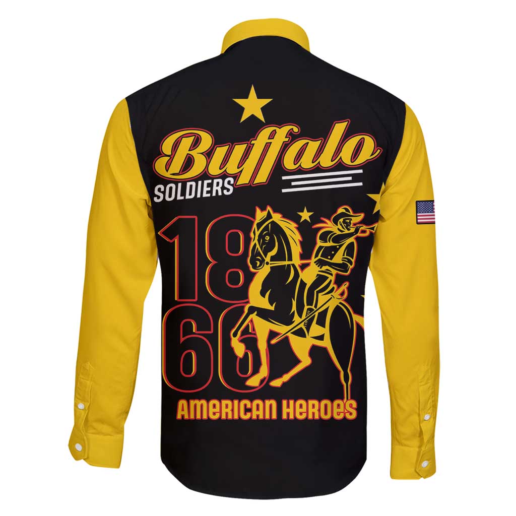 Black and yellow long-sleeve button-up Hawaiian shirt back with Buffalo Soldiers 1866–1944 print
