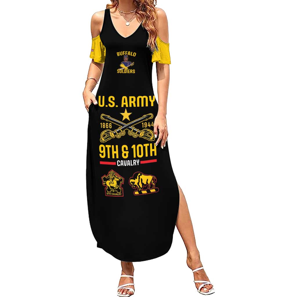 Black maxi dress with yellow off-shoulder sleeves and U.S. Army 9th & 10th print