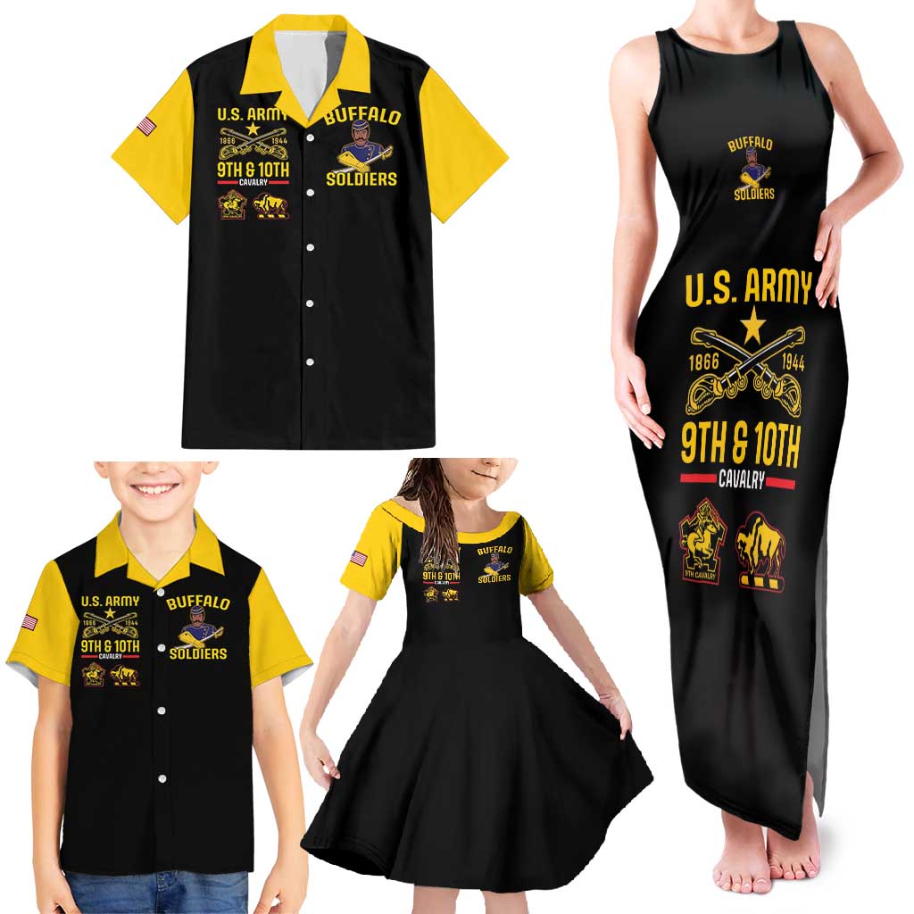Black tank maxi dress, sleeveless, with yellow Buffalo Soldiers 9th & 10th graphic