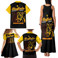 Black tank maxi dress and short-sleeve shirt with yellow Buffalo Soldiers American heroes graphic