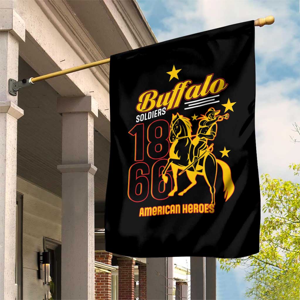 Black Buffalo Soldiers garden flag with gold horse rider graphic and 1866 American Heroes