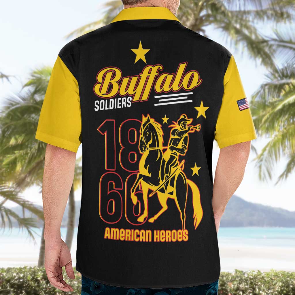 Black and yellow short-sleeve Hawaiian button-up with Buffalo Soldiers back graphic