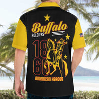 Black and yellow short-sleeve Hawaiian button-up with Buffalo Soldiers back graphic