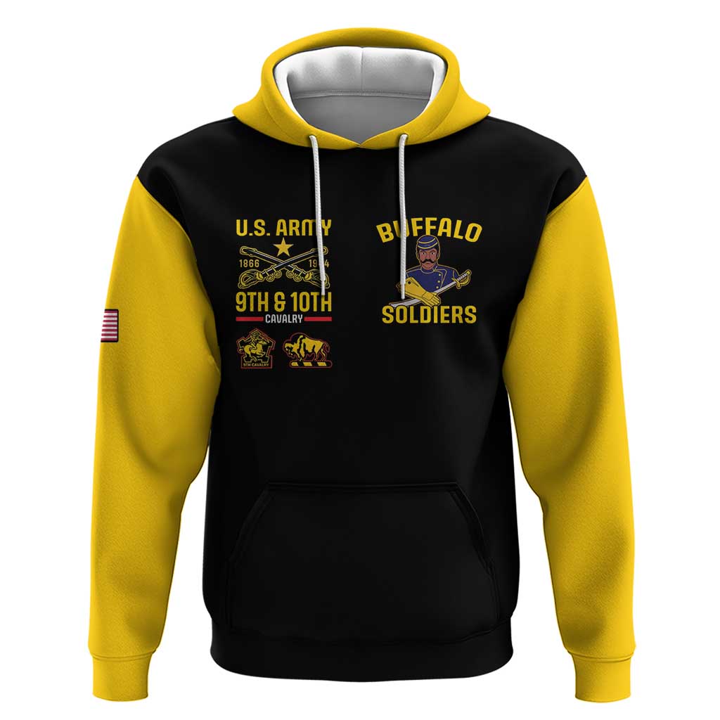 Black and yellow pullover hoodie with U.S. Army and Buffalo Soldiers front graphics.