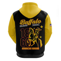 Black and yellow pullover hoodie with large Buffalo Soldiers back graphic.