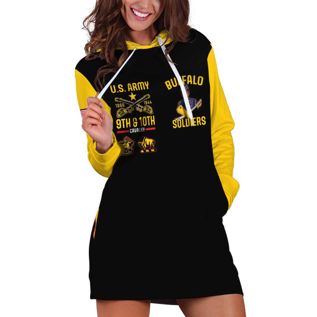 Black and yellow hooded sweatshirt dress, Buffalo Soldiers front graphic